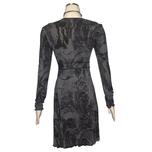 MC Planet Stretch Knit Short Dress Retro Art Deco Print Long Sleeves S M 8 - Picture 4 of 7